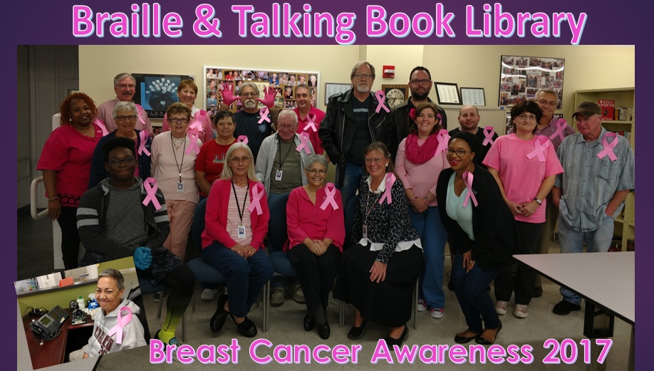 More than 20 DBS Braille and Talking Book Library staff and volunteers wearing pink clothing and/or a pink ribbon in honor of Breast Cancer Awareness Month.